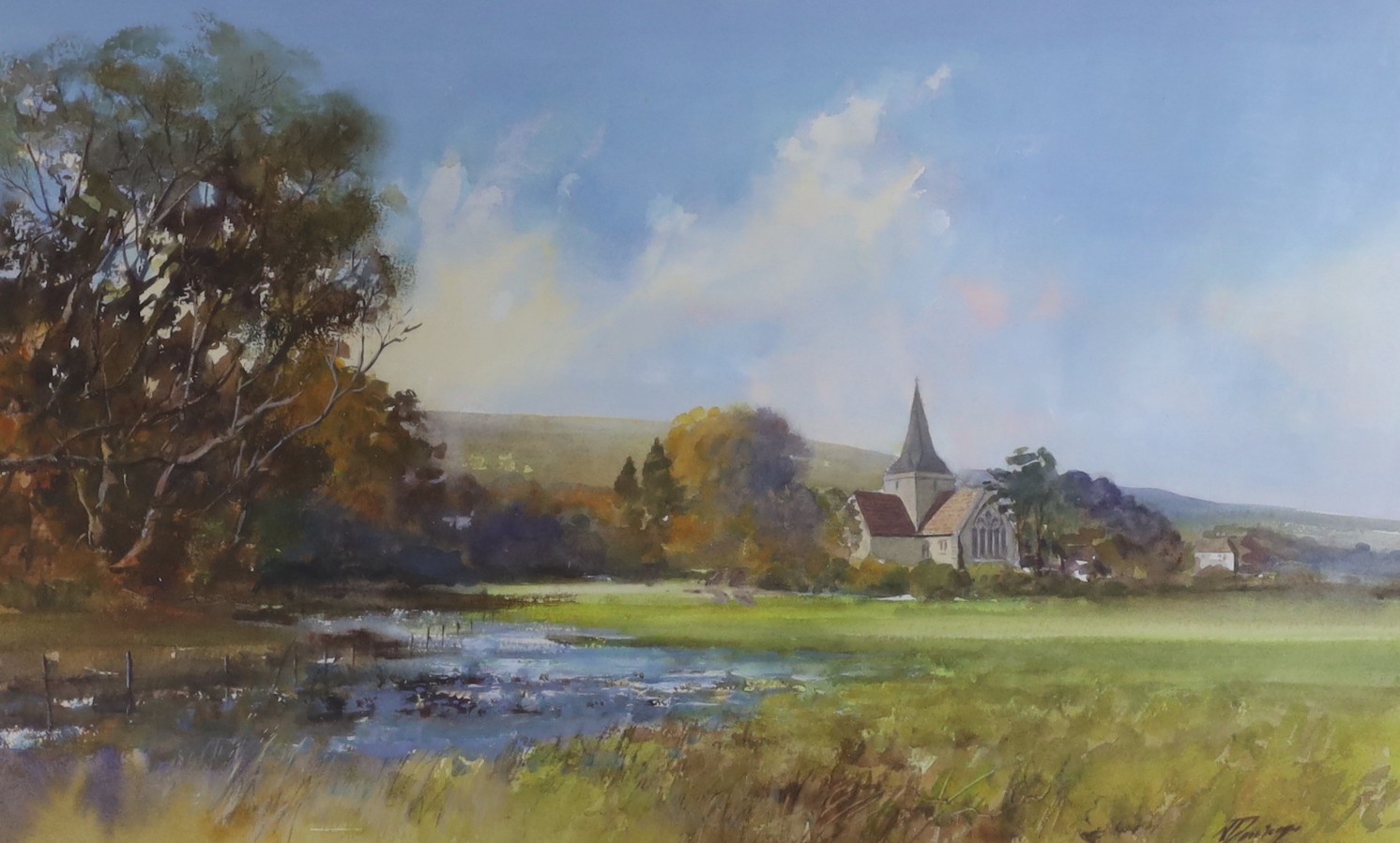 N. Dawson, watercolour, Alfriston Church, signed, 36 x 59cm and D. MacVean, gouache, 'Puffer in Bellanoch Bay', signed and dated '87, 40 x 60cm